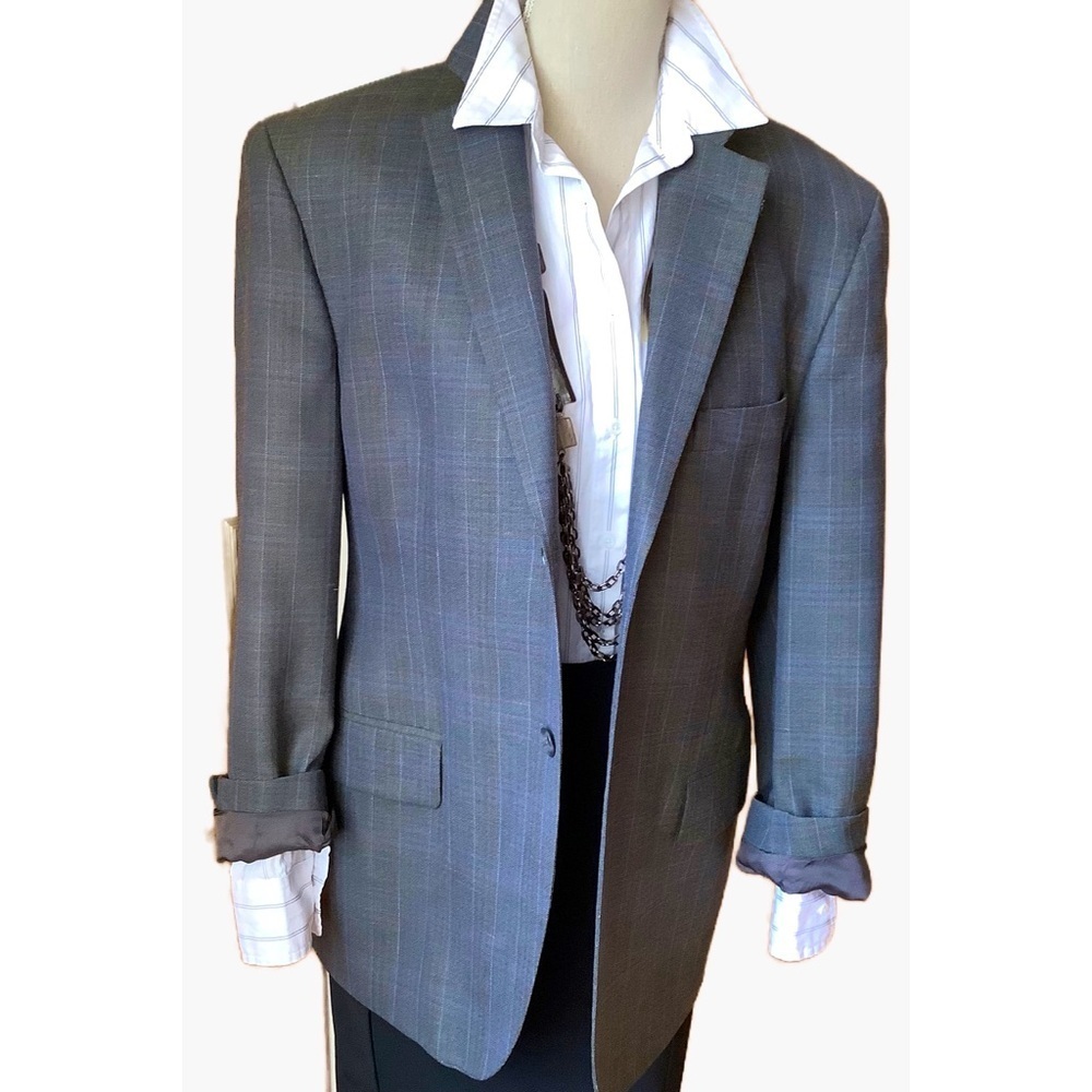 VINTAGE Gray Plaid Wool/Silk Oversized Blazer